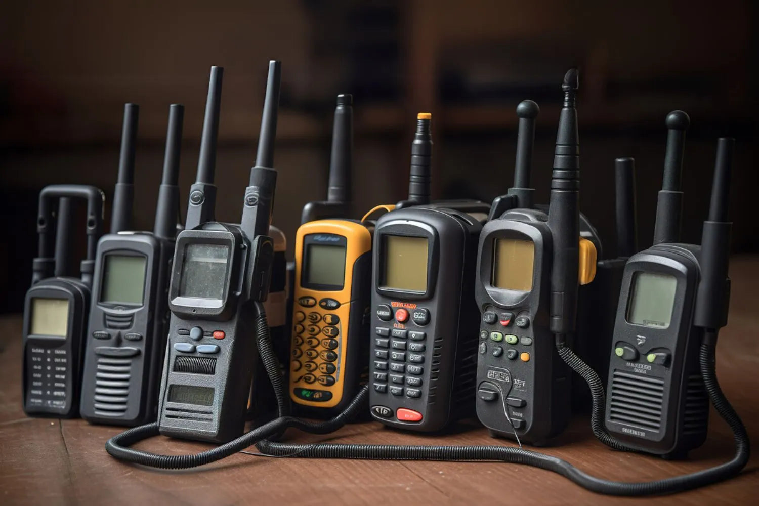 Kolekcja walkie-talkie na drewnianej powierzchni z rozmytym tlem Image